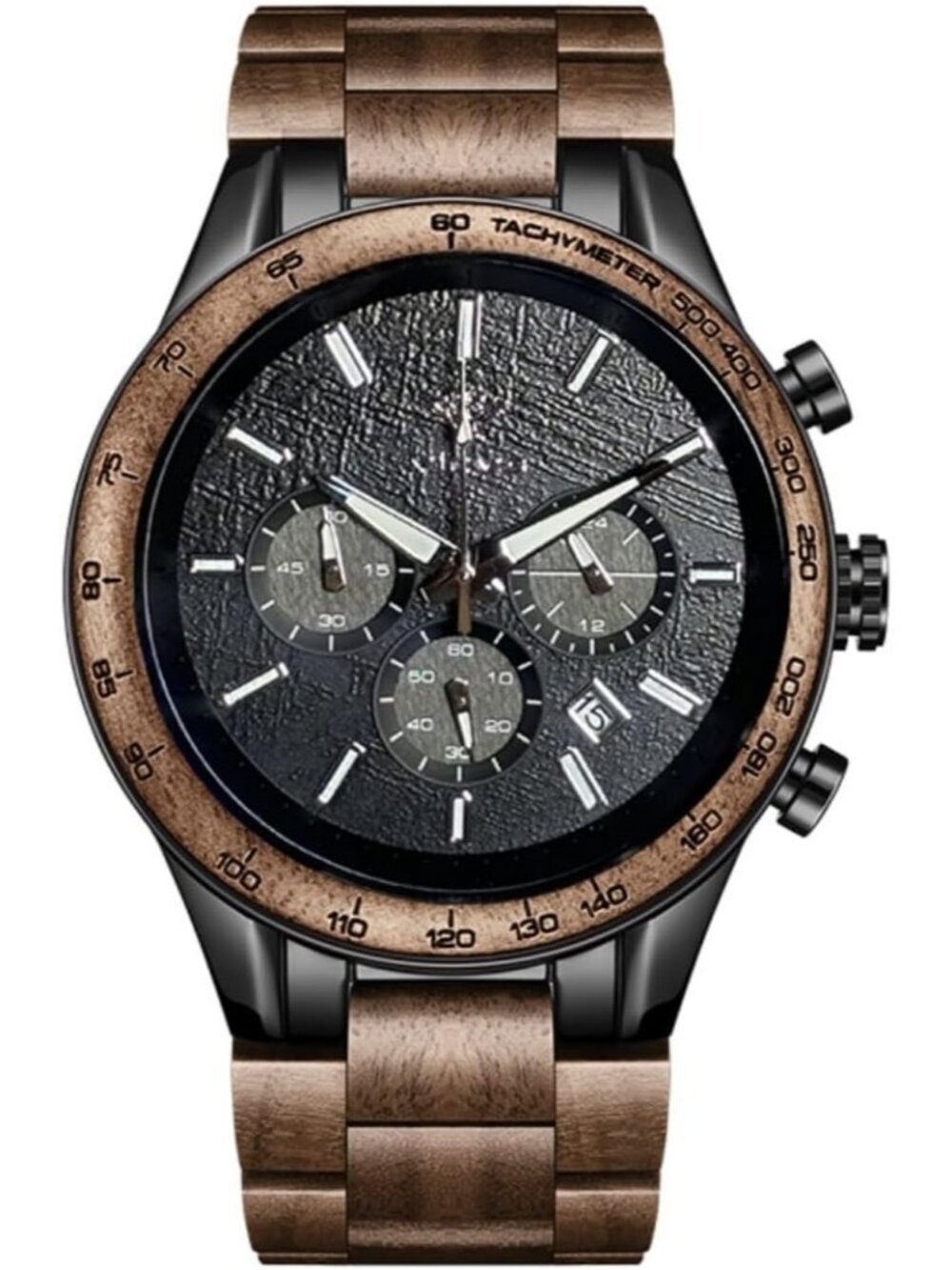 Men's Brown Grey Stainless Steel Chronograph Quartz Multifunctional Wooden Watch